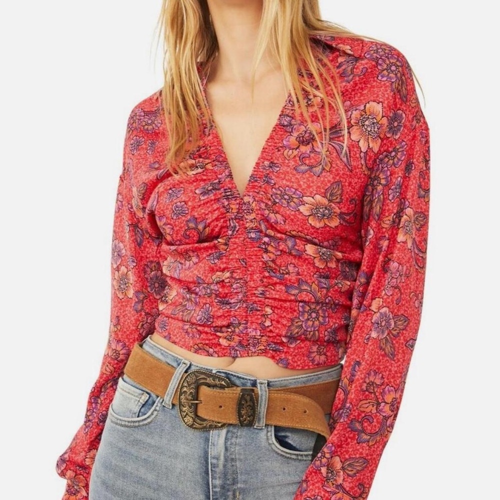 Free people collared red floral long sleeve cropped blouse